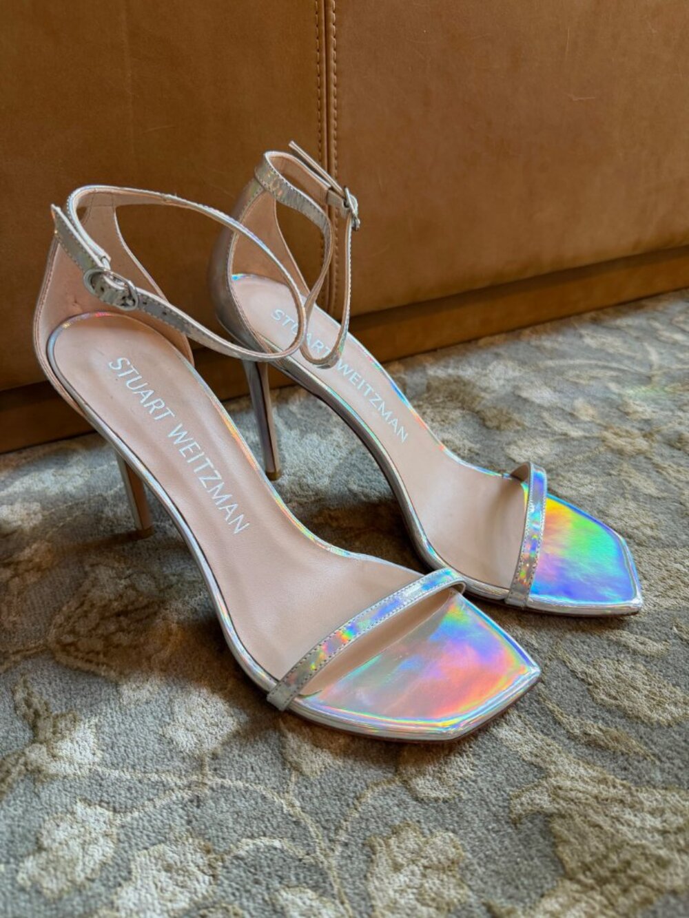 Stuart Weitzman Nudistcurve 100 holographic stiletto sandals
